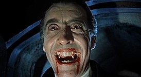 Christopher Lee as the title character in Dracula (1958) in one of the first uses of contact lens with makeup in films Dracula 1958 c.jpg