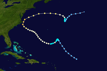 A track map of the erratic path of a hurricane over the western portion of the Atlantic basin