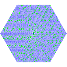 Spirale hexagonale avec les nombres premiers en vert et les nombres avec de nombreux facteurs en bleu foncé.