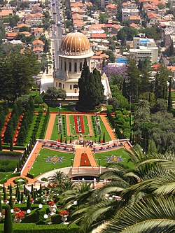 View towards the Shrine of the Bab from the upper Terraces on Mount Carmel, Haifa Israel-Carmel-050508 003 (2551337361).jpg