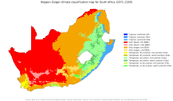 Etelä-Afrikan ilmasto Köppenin luokituksen mukaan 2071–2100. Itärannikon trooppinen alue on levinnyt sisämaahan päin. Maan itäosassa ja etelärannikolla subtrooppinen aro on suurimmalta osin korvannnut viileämmän keskileveysasteiden aron ja subtrooppinen kostea ilmasto korvannut lauhkean meri-ilmaston. Lähes koko maan länsiosa on muuttunut kuivaksi aavikoksi.