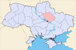 Map o Ukraine wi Kremenchuk heichlichtit within Poltava Oblast.