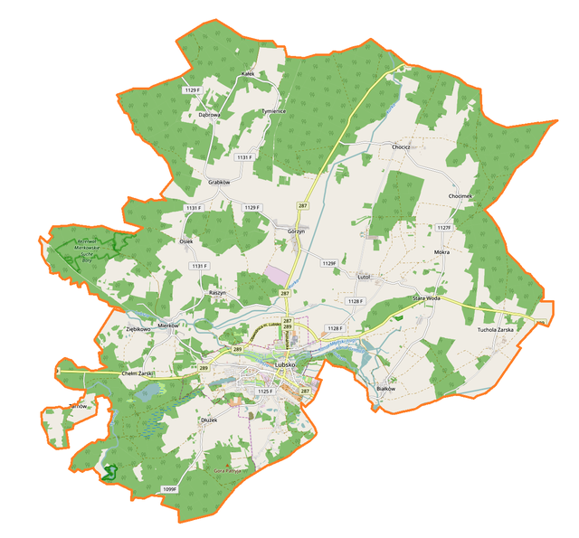 Mapa konturowa gminy Lubsko, blisko centrum na dole znajduje się punkt z opisem „Lubsko”