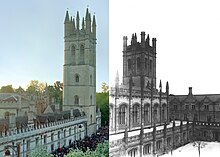 Mitchell Tower (1901-1908), University of Chicago, Shepley, Rutan & Coolidge, architects. Modeled after the Magdalen Tower (1492-1508), Oxford University (left). Magdalen-Mitchell comparison.jpg