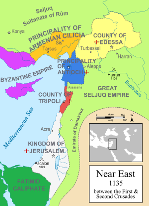 Regatul Ierusalimului și celelalte state cruciate (cu verde) în Orientul Apropiat în 1135.