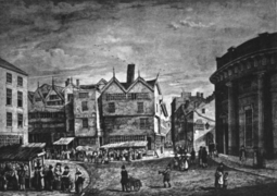 Market Place, Manchester (1823)—reproduction published in 1875; likely derived from an original sketch in 1821.