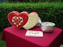 Gifts of money may be placed in a special box at the sign-in table. Marriage reception desk in Thailand.JPG