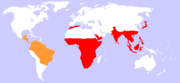 Approximate worldwide distribution of monkeys. Old World monkeys in red, New World in orange.