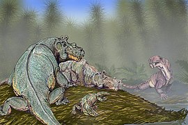 Reconstitution par D. Bogdanov d'un groupe d'Estemmenosuchus uralensis en compagnie d'un Eotitanosuchus.