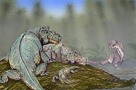 Ivantosaurus (ao fundo direito) com alguns Estemmenosaurus.