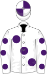 White, large purple spots, spots on sleeves, quartered cap