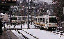 Pittsburgh Regional Transit light rail train at Washington Junction station in Bethel Park, Pennsylvania in March 2005 Pittsburgh light rail.jpg