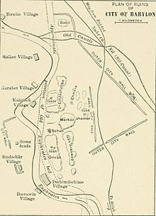 A map of ruins in 1905, with locations and names of villages Plan of Ruins of Babylon 1905.jpg