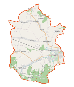 Mapa konturowa gminy Prudnik, u góry znajduje się punkt z opisem „Piorunkowice”