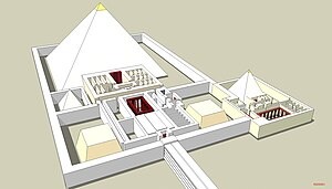 Drawing of a pyramid surrounded by a wall. A building with many rooms extends from one side of the pyramid, and at the ososite end of the building a causeway extends out of the frame.