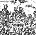 Gendarme francese armato di storta carica un gruppo di Corazzieri - particolare della Battaglia di Dreux (1562), incisione del 1588.