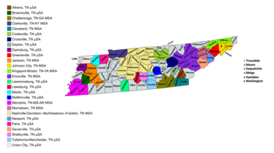 Map of the 27 core-based statistical areas in Tennessee.