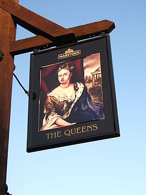 English: The Queens pub sign, Queens Hill This...