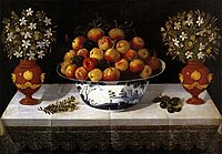 Натюрморт с цветами и фруктами.
