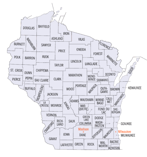ウィスコンシン州の郡配置図