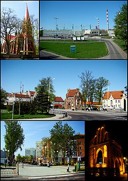 Police; Top left: Saint Mary's Church, Top right: Kuznicka industrial complex area, Center: Rynek Square, Bottom left: Anny Jagiellonki New Town, Bottom right: A night view of a gothic chapel in Chrobry Square