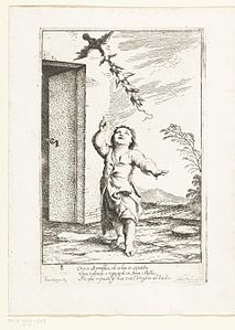 Bertoldino montre les poulets, qu'il a attachés les uns aux autres avec une corde, emportés par un busard, eau-forte, avec Ludovico Mattioli (vers 1715, Rijksmuseum Amsterdam).