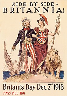 Britannia arm-in-arm with Uncle Sam symbolizes the British-American alliance in World War I. Britannia.jpg