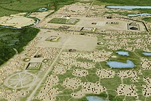 A 2013 illustration of Cahokia, the largest Mississippian culture site, c. 1050 CE to c. 1350 CE Cahokia Aerial HRoe 2015.jpg