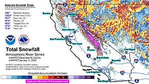 Total snowfall for California from December 26, 2022 to January 11, 2023