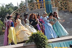 The Princesses at Merida's coronation on Cinderella Castle's forecourt stage at the Magic Kingdom Park at Walt Disney World on May 11th, 2013. Disney Princesses at Merida's coronation.jpg