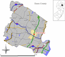 Map of East Orange in Essex County. Inset: Location of Essex County highlighted in the State of New Jersey.