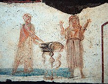A 3rd-century fresco in the Catacomb of Callixtus, interpreted by the archaeologist Joseph Wilpert as showing on the left Jesus multiplying bread and fish, a symbol of the Eucharistic consecration, and on the right a representation of the deceased, who through participation in the Eucharist has obtained eternal happiness Eucharistic bread.jpg