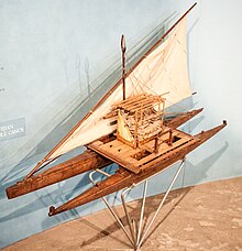 Model of a Fijian drua with a crab-claw sail from the Otago Museum, an example of an Austronesian ocean-going vessel Fijian double canoe, model, Otago Museum, 2016-01-29.jpg