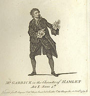 Gravure en pied, noir et blanc, acteur debout en habit noir, bras légèrement tendus ; légende à l'image : représentation de la scène 4 de l'acte I.