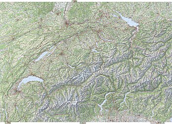 Mapa de la Suisse, que vint de l’Ofiço fèdèrâl de topografia. (veré dèfenicion 17 280 × 12 412*)