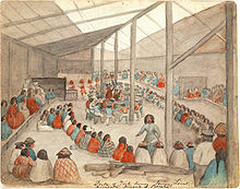 Watercolor by James G. Swan depicting the Klallam people of chief Chetzemoka at Port Townsend, with one of Chetzemoka's wives distributing potlatch Klallam people at Port Townsend.jpg
