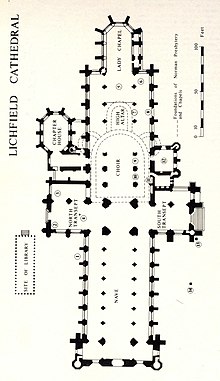 Ground plan of Lichfield Cathedral. The site of the shrine of St Chad is marked 5. Lichfield Cathedral Ground Plan.jpg
