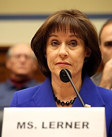 Lois Lerner, facing allegations of targeting Tea Party organizations in the 2013 IRS controversy, testifies before the United States House Committee on Oversight and Government Reform in March 2014 Lois Lerner testifying before US House Oversight Cmte in 2014.jpg