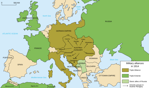 The Triple Entente (green) in addition to the Triple Alliance (brown) in 1914:  United Kingdom  France  Russia