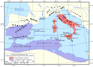 De romerske og karthagiske inflydelsessfærer i år 218 f.Kf., lige før krigsudbrudet