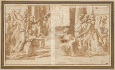 Étude avancée et reconstituée du Jugement de Salomon datant de 1649, signée par Poussin. Dans ce dessin préparatoire, la plupart des personnages sont représentés dans ce qui deviendra leur position finale, hormis deux courtisans qui seront ultimement retirés[É 2].