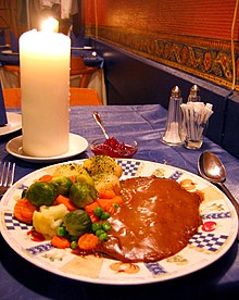 Reinsdyrsteik (reindeer roast) served with lingonberry jam Norwegian.cuisine-Reinsdyrsteik-01.jpg