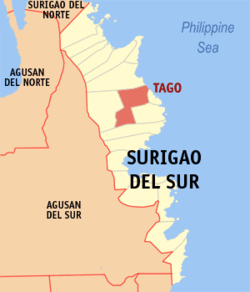 Map of Surigao del Sur with Tago highlighted