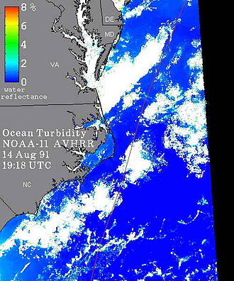 Visualisation of the Ocean Turbidity of the ocean just before Hurricane Bob (August 14, 1991) Pre-Hurricane Bob Ocean Turbidity.jpg