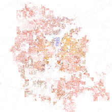 Map of racial distribution in Las Vegas, 2010 U.S. Census. Each dot is 25 people:
.mw-parser-output .legend{page-break-inside:avoid;break-inside:avoid-column}.mw-parser-output .legend-color{display:inline-block;min-width:1.25em;height:1.25em;line-height:1.25;margin:1px 0;text-align:center;border:1px solid black;background-color:transparent;color:black}.mw-parser-output .legend-text{}
 White
 Black
 Asian
 Hispanic
 Other Race and ethnicity 2010- Las Vegas (5559885507).png