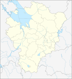 Mapa konturowa obwodu jarosławskiego, po prawej nieco u góry znajduje się punkt z opisem „Daniłow”