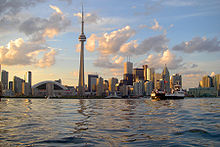 Toronto on Lake Ontario is in the eastern section of the Great Lakes Megalopolis Skyline of Toronto viewed from Harbour.jpg