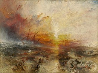 A painting entitled "The Slave Ship" by J. M. W. Turner. In the background, the sun shines through a storm while large waves hit the sides of a sailing ship. In the foreground, enslaved Africans are drowning in the water, while others are being eaten by large fish.