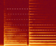 A spectrogram of a violin playing a note and then a perfect fifth above it. The shared partials are highlighted by the white dashes.