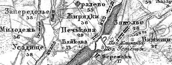 Деревня Усадищи на карте 1915 года